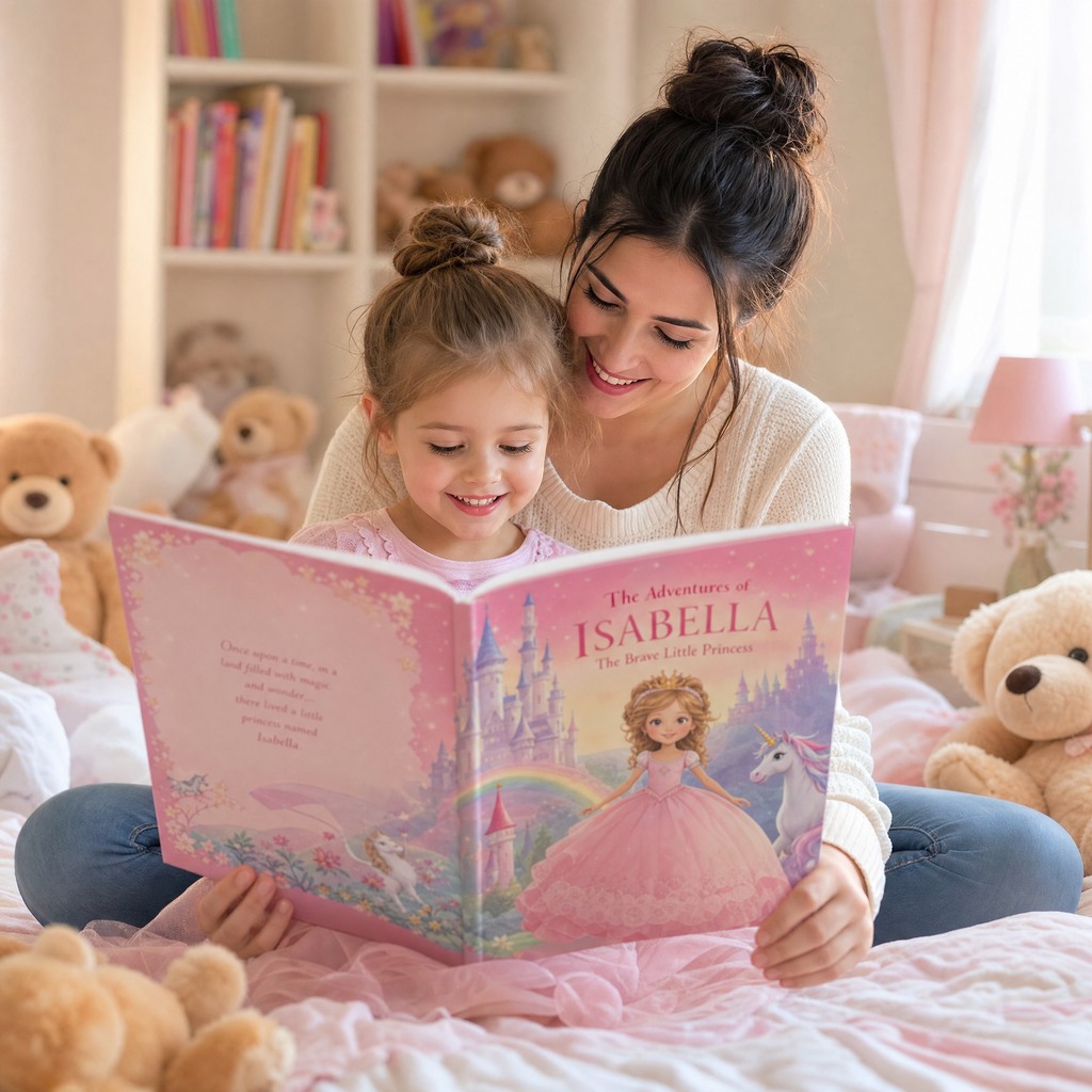 Mother and daughter reading a personalised pink fantasy storybook on a cozy bed
