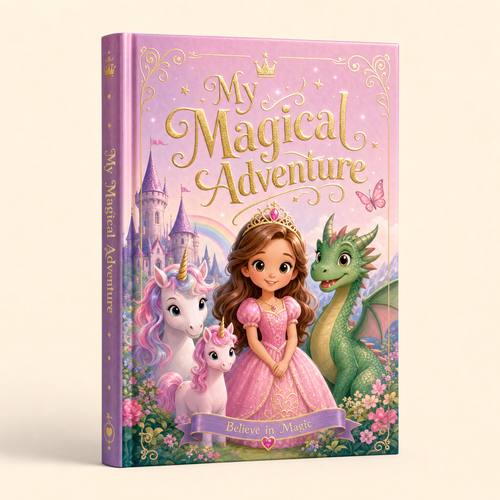 Personalised hardcover fantasy storybook 'My Magical Adventure' cover with princess, castle and dragon