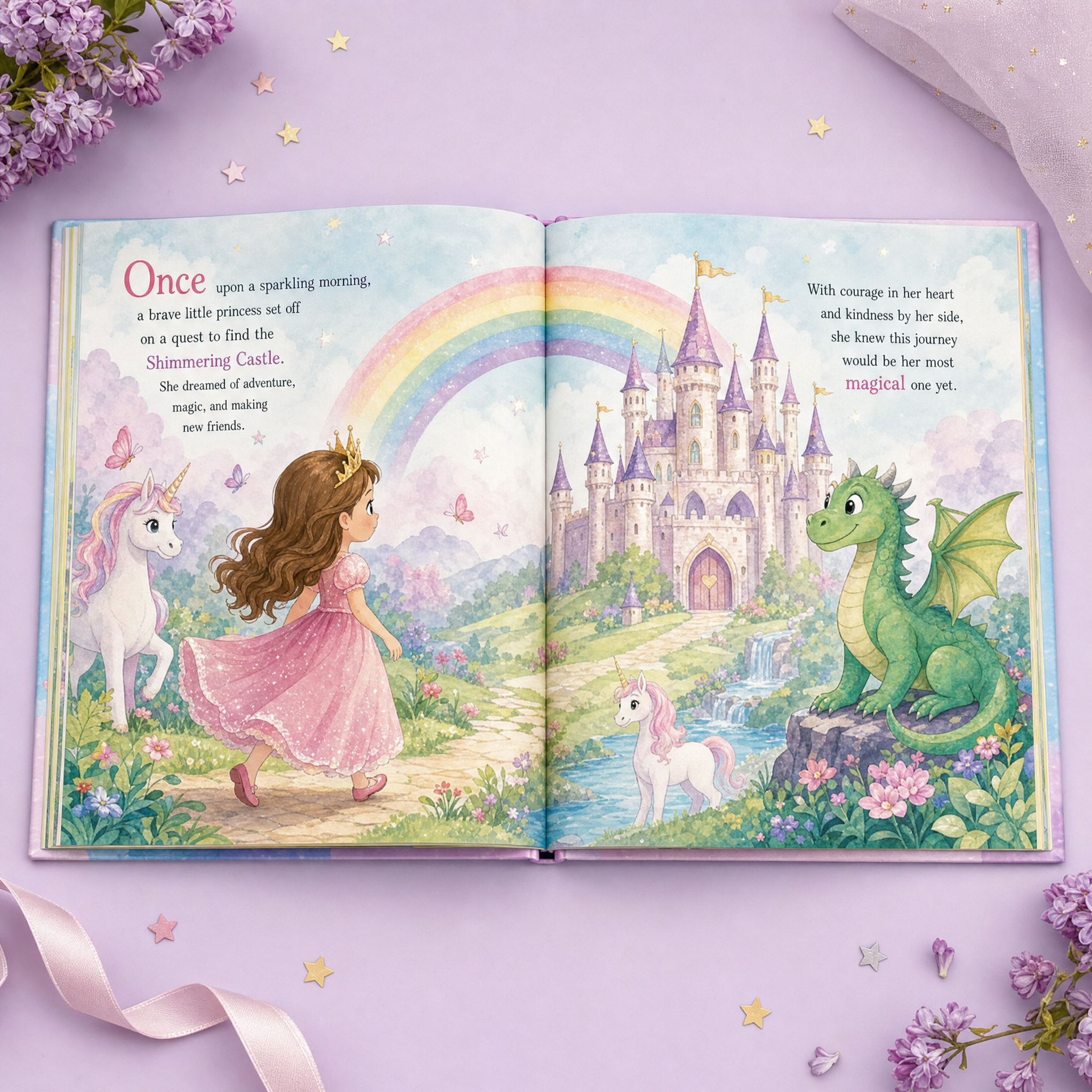 Inside pages of the personalised fantasy storybook showing princess, castle, unicorn and dragon illustrations