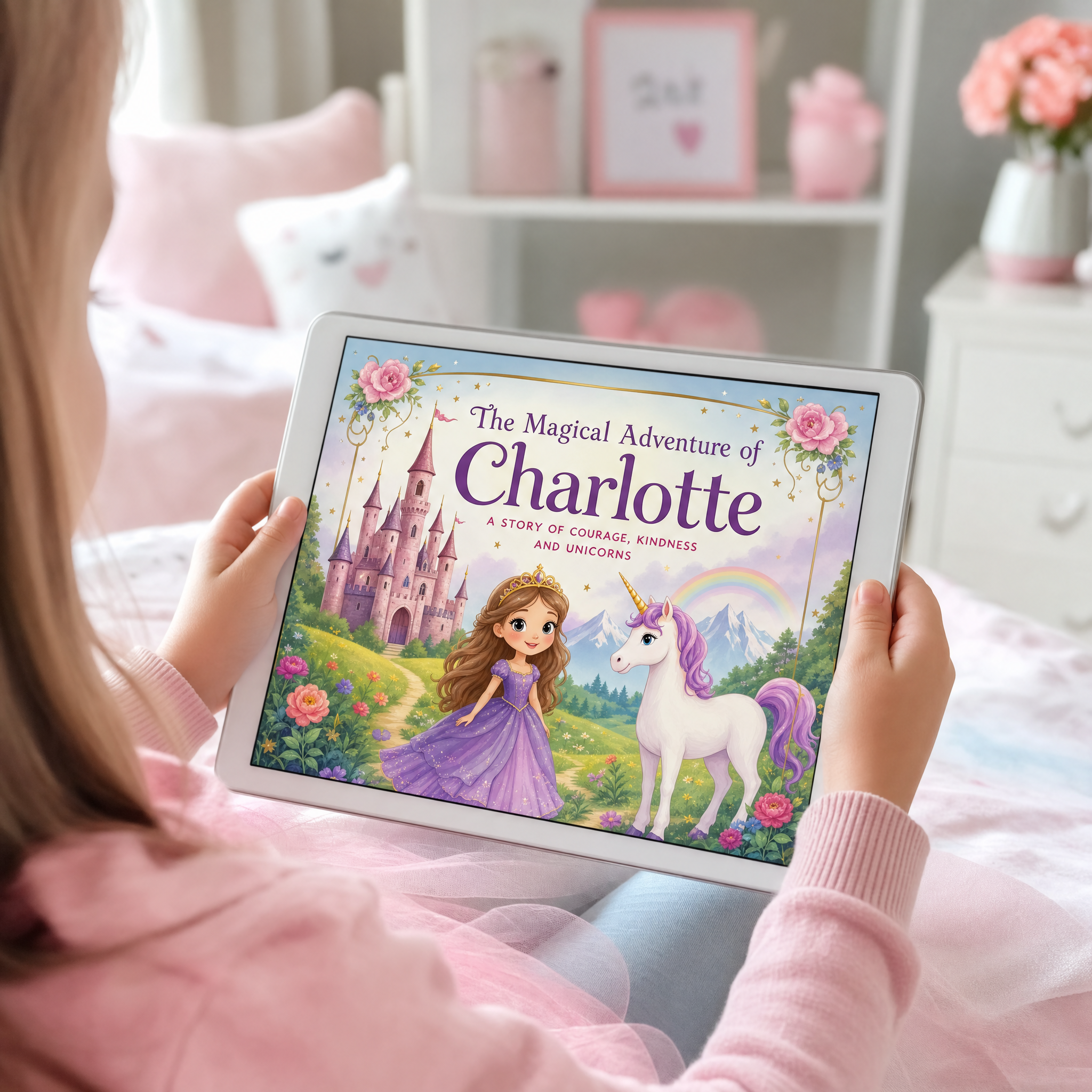 Child holding a tablet showing the digital download version of the personalised fantasy storybook